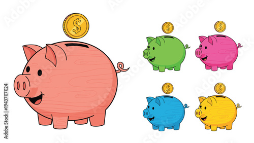 Set of five piggy banks in various colors like pink green and yellow with gold dollar coins being dropped inside.