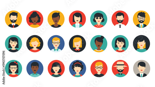Diverse collection of human avatar icons in colorful circles representing men and women from different backgrounds.