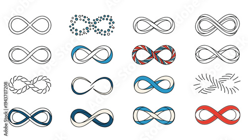 Detailed set of sixteen infinity symbols with various textures and styles like ropes, dots, and colors for representing eternity and loops.