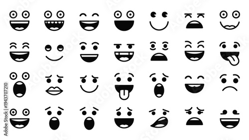 Grid of thirty different emoticon icons with various facial expressions and moods in a simple black and white line art style for communication.