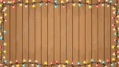Rustic wooden background framed by a string of colorful glowing fairy lights, creating a warm and festive atmosphere for holiday cards.