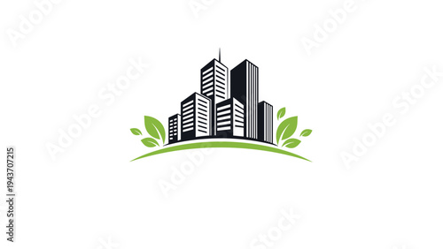 City skyline silhouette combined with green leaves on a curved base, representing the concept of an eco friendly city and urban nature.