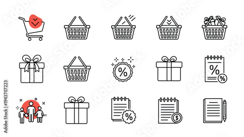 Extensive set of fifteen shopping and e-commerce line icons including baskets, gifts, and calendars for retail and online store interfaces.