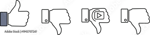 Set of thumbs up and thumbs down hand icons showing approval, disapproval, media dislike, and broken thumb failure concept for digital feedback illustration
