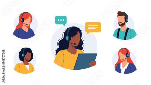 Group of diverse customer support representatives with headsets and speech bubbles, illustrating a professional help desk and call center team.