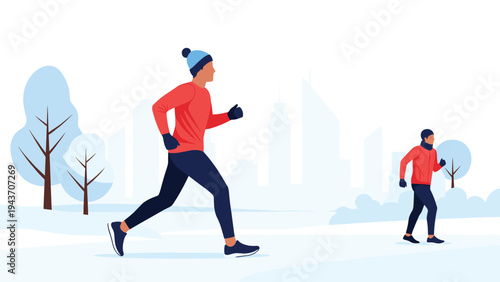 Two people in winter athletic wear jogging through a snowy city park with a silhouette of urban buildings in the distant background.