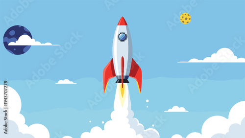 Rocket ship launching into space with clouds of smoke and a blue sky background featuring planets and a moon for science and exploration themes.