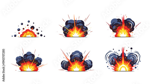 Collection of six different cartoon explosion effects with clouds of smoke, fire, and sparks for dynamic comic book and game designs.