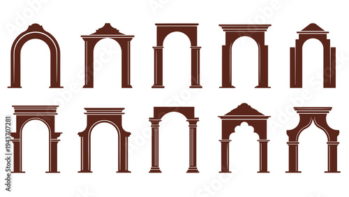 Collection of ten different architectural archway silhouettes in various historical and cultural styles for decor and design projects.