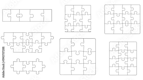Set of seven different white jigsaw puzzle piece combinations and layouts for representing teamwork, strategy, and problem solving concepts.