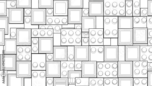 Black and white line art pattern of various toy building blocks, ideal for coloring pages and backgrounds related to play and construction.