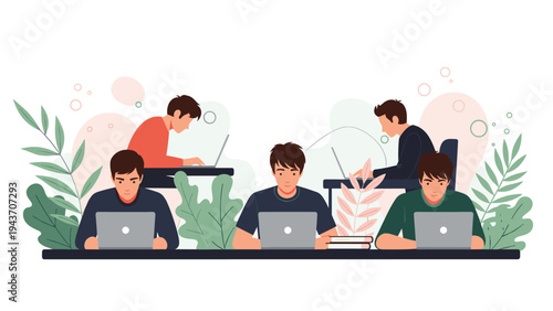 Group of people working on laptops in a modern creative workspace with lush green plants and soft colorful shapes in the background.