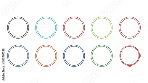 Set of ten double ring circular frames in various colors like blue, red, green, and black for badges, seals, and decorative labels.