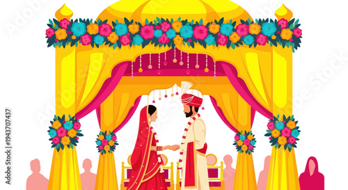Indian Wedding Ceremony: Bride and Groom Under Decorated Mandap