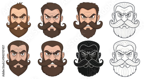Set of cartoon bearded men faces, various styles and colors, vector illustration