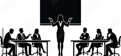 Silhouette illustration of business meeting with presenter and team seated at tables, symbolizing leadership, teamwork, communication, collaboration, and corporate presentation design