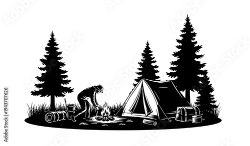 Outdoor camping silhouette camper pitching tent with campfire in forest vector isolated on white