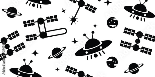 Black and white space pattern with UFO planets satellites and stars minimalist seamless vector illustration