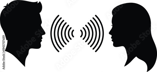 Silhouette illustration of man and woman facing each other with sound wave lines between them, symbolizing communication, dialogue, verbal interaction, and human connection concept