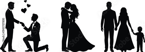Silhouette illustration of romantic relationship stages from proposal with hearts to wedding embrace and family life, symbolizing love, unity, marriage, and parenthood in artistic design