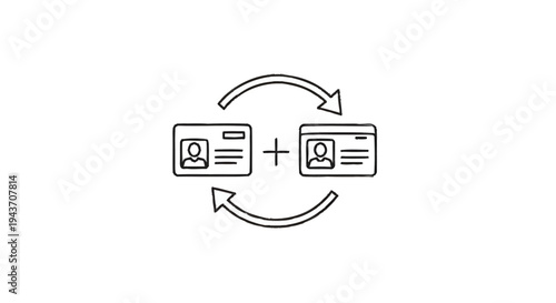 Two ID cards with profile pictures and data in a circular arrow exchange.