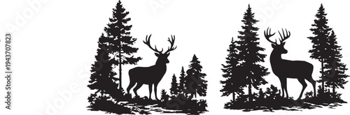 Deer standing in forest with pine trees vector isolated on white background
