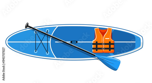 Vector illustration of blue stand-up paddleboard with orange life jacket and paddle
