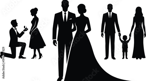 Silhouette illustration showing romantic relationship stages from proposal to wedding and family life, symbolizing love, marriage, unity, and parenthood in artistic black design