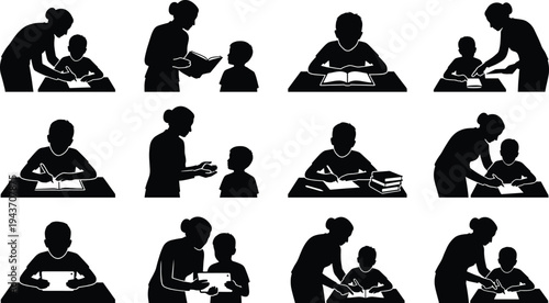 Silhouette illustrations of teacher guiding child in educational activities including reading, writing, and learning, symbolizing mentorship, knowledge sharing, support, 