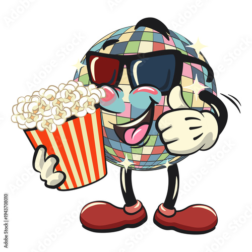 cute disco ball mascot character with a bucket of popcorn with wearing 3d glasses, isolated vector illustration, work of hand drawn