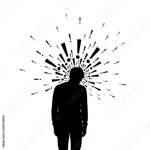 black silhouette of a person surrounded by exclamation marks symbolizing anxiety and stress mental health concept  