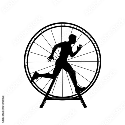 black silhouette of a person running inside a wheel like a hamster symbolizing workaholism and endless cycle stress concept  