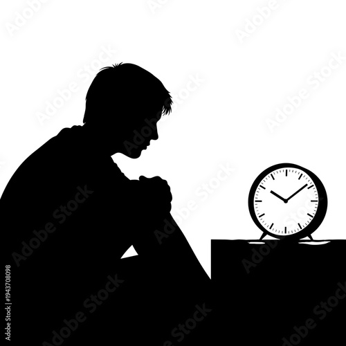 black silhouette of a person looking at a clock at night symbolizing insomnia and sleep deprivation mental health concept  