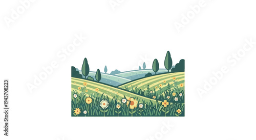 Illustration of green fields with grass trees and flowers summer landscape scene