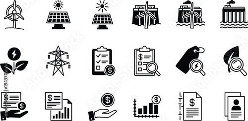 Set of renewable energy and financial icons featuring solar panels wind turbines hydroelectric power electricity bills growth charts and green investment symbols for sustainability