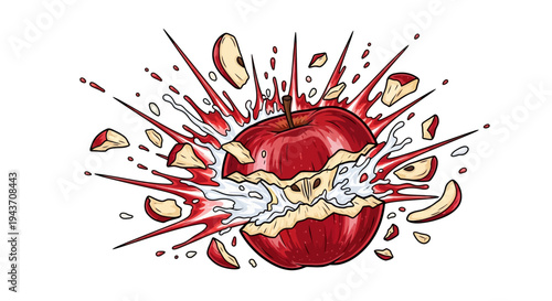 Juicy red apple explodes with milk splash and chunks flying everywhere in a dynamic scene.