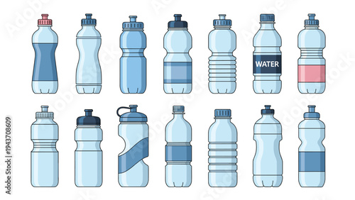 Detailed collection of different plastic water bottle designs for sports and hydration in various shades of blue and pink.