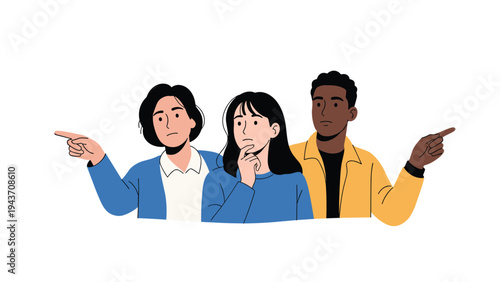 Three young people standing together and pointing towards different directions while looking thoughtful and confused.
