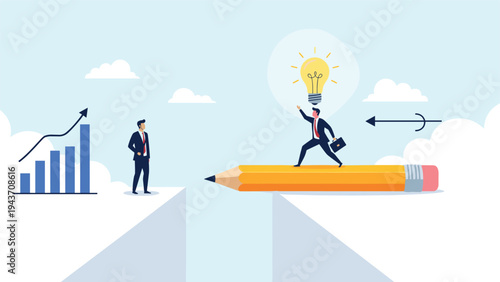 Creative business concept showing a professional using a giant pencil as a bridge to cross a gap and reach a new idea bulb.