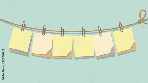 Set of yellow and beige sticky notes hanging from a brown rope with metal paper clips against a solid light teal background.