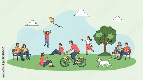 People relaxing and enjoying various activities in a public green park with trees and benches on a sunny day with clouds.