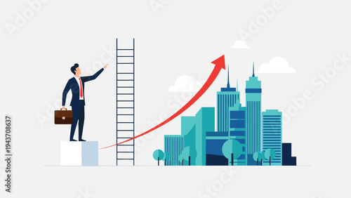 Successful businessman standing on a pedestal looking at a rising red arrow above a modern city skyline representing growth.
