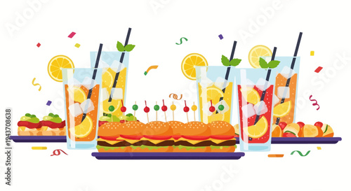 Set of 3 fast food icons vector, burgers and drinks with party elements