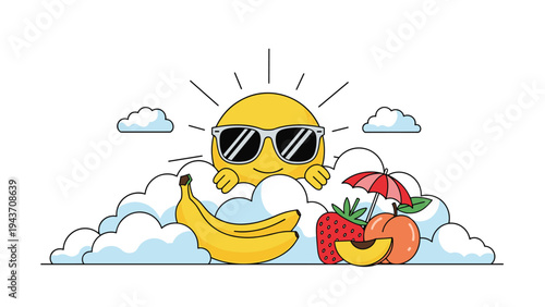 Playful sun character wearing sunglasses peeking behind white clouds with various fruits like bananas and strawberries.