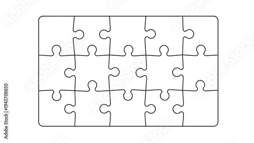 Blank white jigsaw puzzle with fifteen interconnected pieces in a three by five grid for problem solving concepts or games.