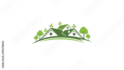Minimalist green logo design showing house rooftops nestled among trees and leaves for eco-friendly real estate themes.