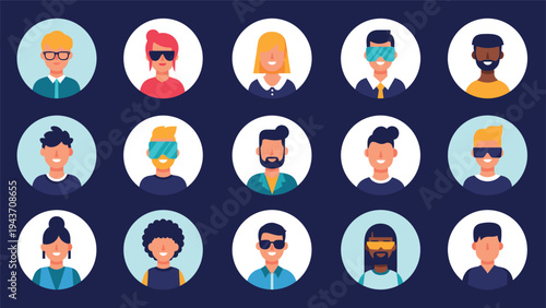 Grid of diverse human avatars in circular frames featuring different hairstyles and wearing various styles of sunglasses.