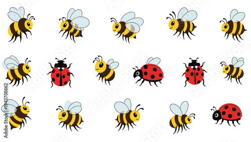 Pattern featuring many cute cartoon honey bees and red ladybugs scattered across a white background for a playful design.