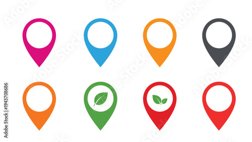 Free Download Set of colorful map location pins in various styles including some with leaf icons for eco-friendly or nature destinations. - GFXLoad