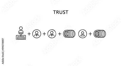 Trust building blocks concept illustration with people and coins.